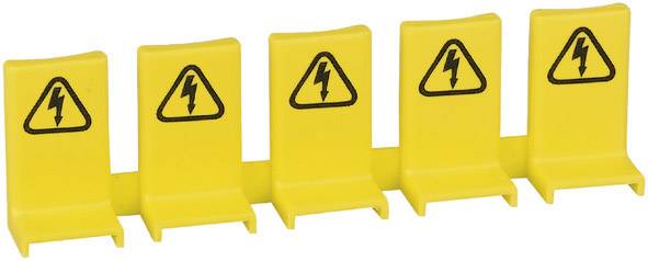 Gelbe Abdeckung mit fünf Steckplätzen, gekennzeichnet mit Blitzsymbolen. Warnung vor elektrischer Spannung.