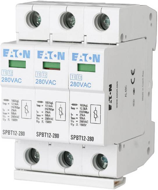 Überspannungsableiter für 280V AC von EATON. Drei Module mit grünen Indikatoren und technischen Spezifikationen auf der Vorderseite.
