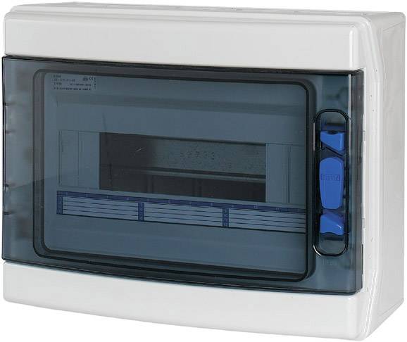 Kunststoff-Elektroverteilerkasten mit transparenter, blau getönter Tür, geeignet zur Wandmontage in Innenräumen.