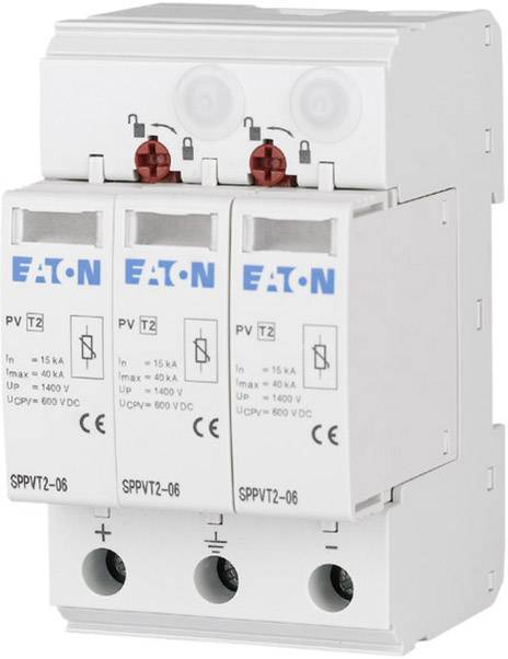 Drei weiße elektrische Sicherungen mit dem Logo 'Eaton' und technischen Spezifikationen. Sie sind in einer Reihe montiert.