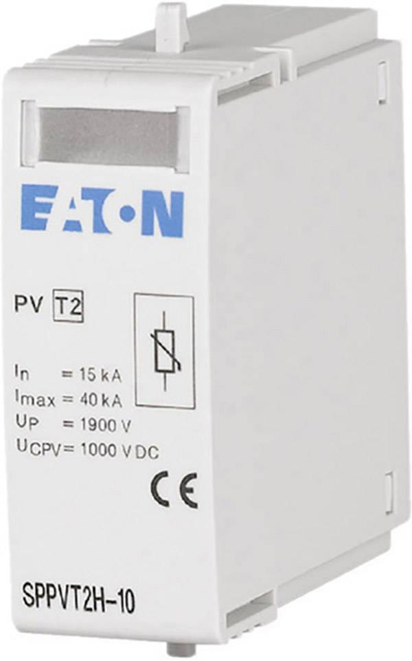 Übersicht eines weißen Solar-Leistungs-Abzweigschutzes der Marke Eaton mit technischen Daten: In=15kA, Imax=40kA, UP=1900V, UCPV=1000V DC.