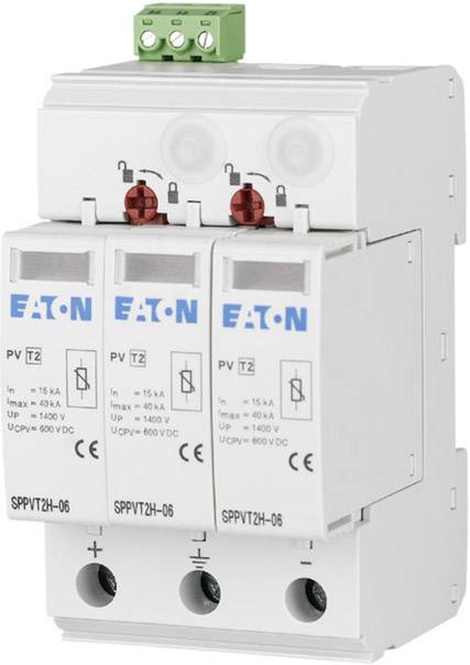 Dreiteiliges Schutzgerät, gekennzeichnet mit 'Eaton', für elektrische Anlagen zur Überspannungsableitung.