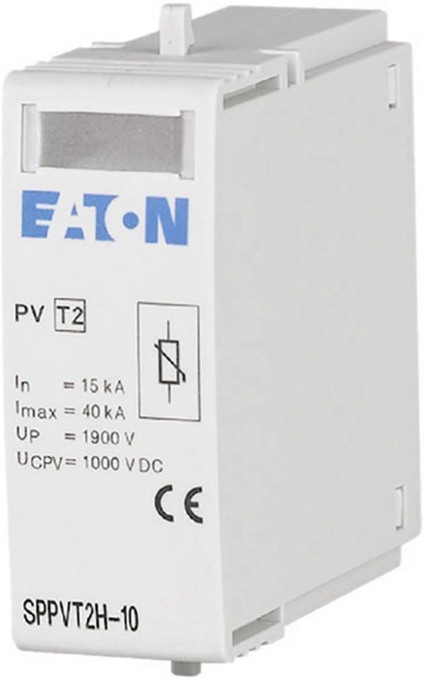 Abgebildet ist ein weißer elektrischer Überspannungsschutz von Eaton mit Spezifikationen für Stromstärken und Spannungen.