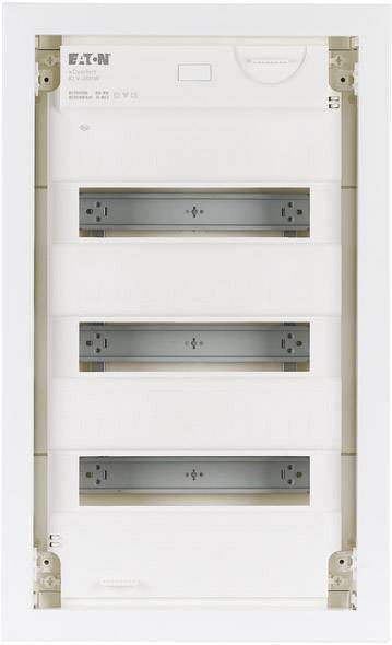 Elektroschaltkasten mit drei leeren Abschnitten, geeignet für die Installation von Sicherungen und anderen elektrischen Geräten.