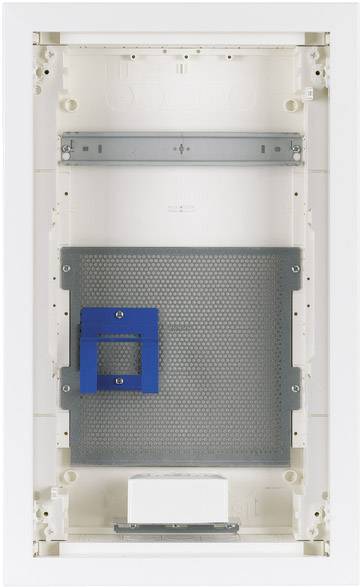 Ein elektrisches Verteilergehäuse mit offenem Inneren, bestehend aus Montageschienen und einem blauen Halterungselement.