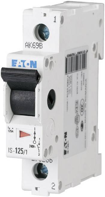 Ein weißer Leistungsschutzschalter der Marke Eaton mit schwarzem Schalter und technischem Etikett. Geeignet für 240V, 125A.