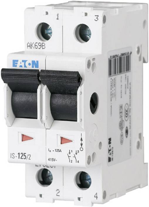 Ein zweipoliger Sicherungsautomat von Eaton mit Kennzeichnungen für Stromstärken und Spannung, geeignet für Schutz elektrischer Anlagen.