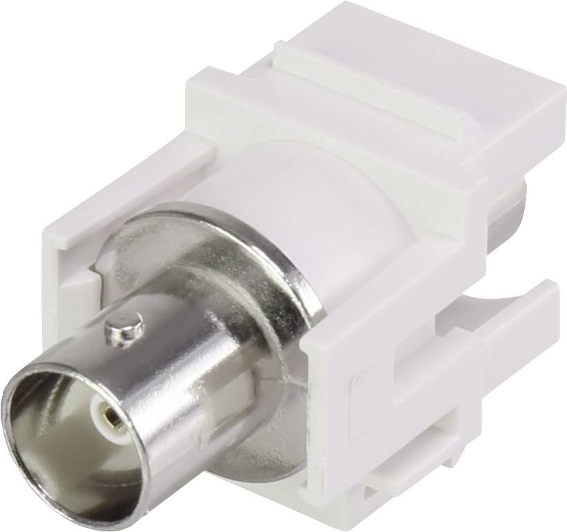 Ein weißer BNC-Anschlussadapter, geeignet zur Verbindung von Koaxialkabeln in Audio- oder Videosystemen.