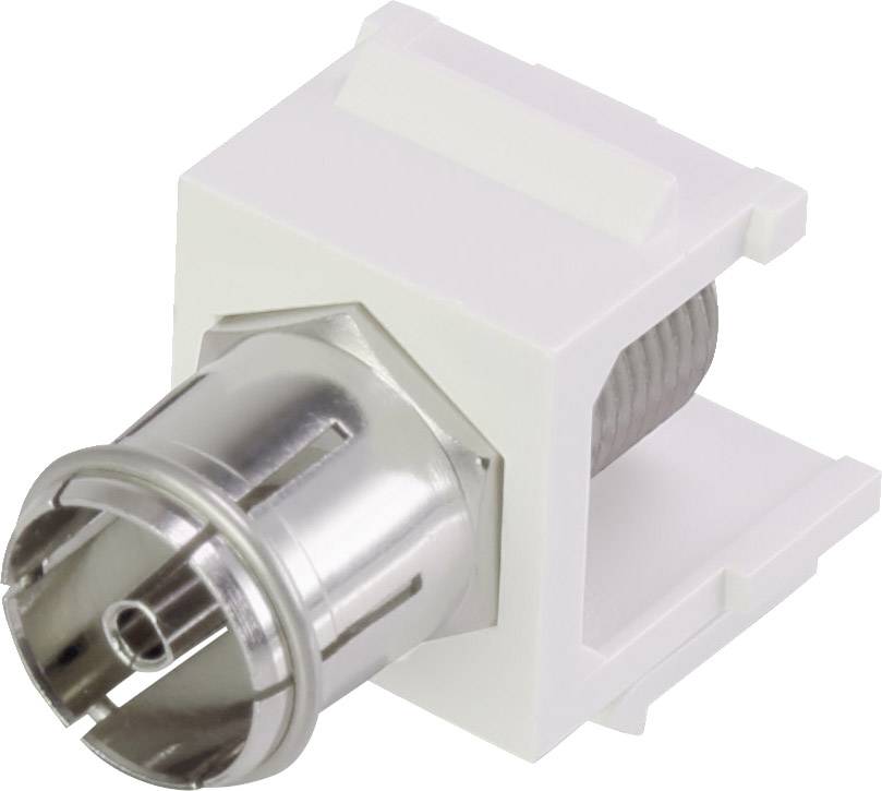 Weißer Keystone-Adapter mit silberner F-Buchse, geeignet für Koaxialkabel. Ideal für Medienverteiler und Netzwerkverbindungen.