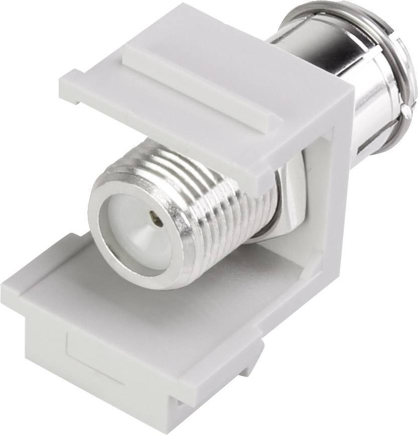 Ein F-Stecker-Keystone-Modul aus Metall und Kunststoff, zum Installieren von TV- und Satellitensignalen in eine Wandplatte.