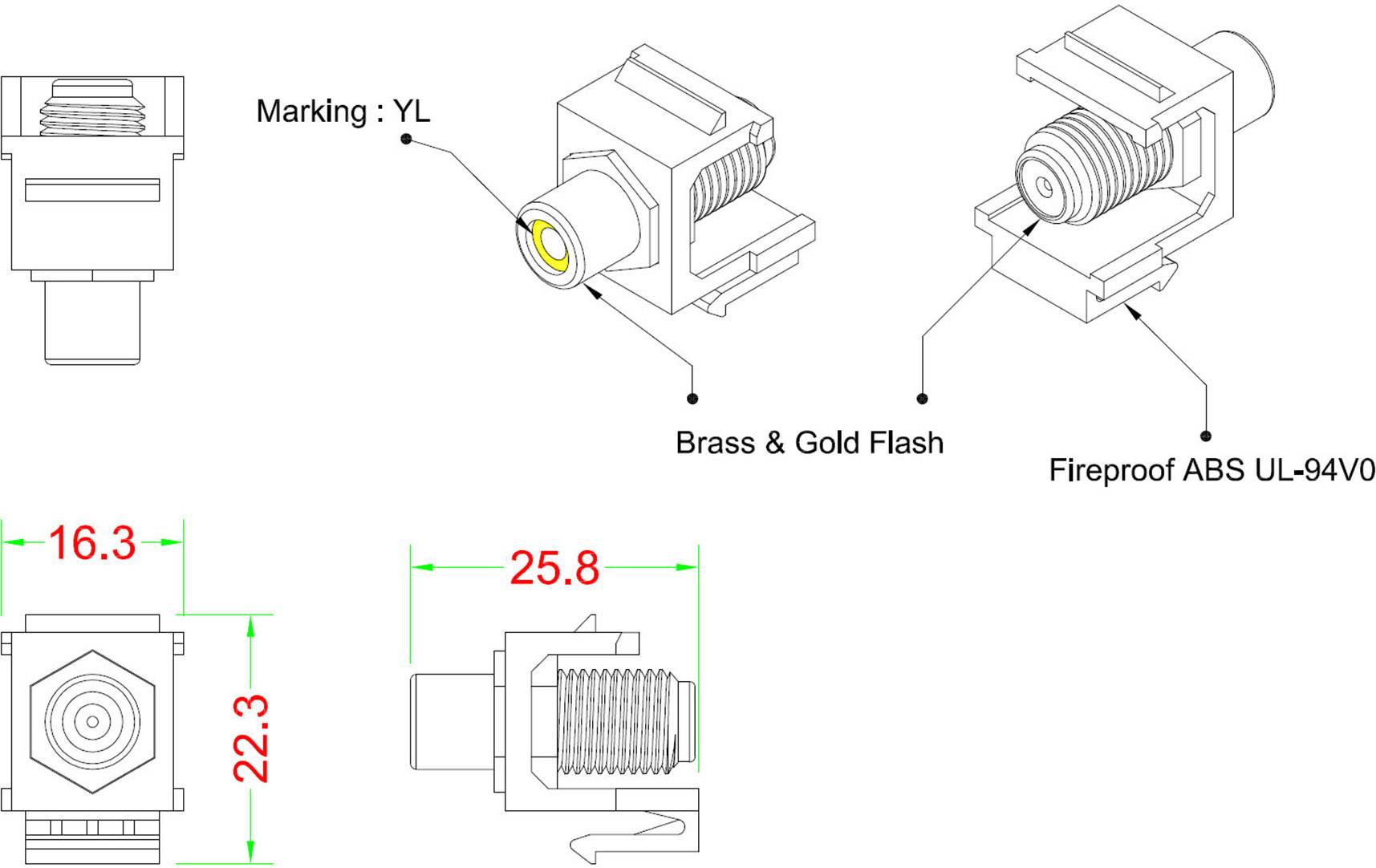 Technische Zeichnung eines elektrischen Steckverbinders. Material: Messing & Goldflash, feuerfestes ABS UL-94V0. Maße: 22,3 x 16,3 x 25,8 mm.