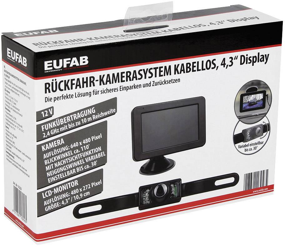 Eufab Funk-Rückfahrvideosystem Abstandshilfslinien Saugfuß, Kennzeichenhalter Schwarz