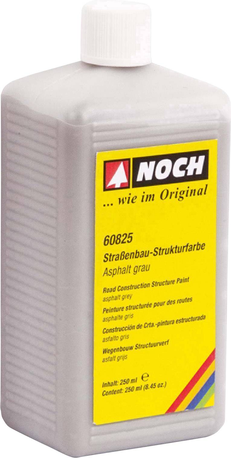 Flasche mit grauer Straßenbau-Strukturfarbe, Marke 'Noch', 250 ml. Aufschrift auf Etikett in mehreren Sprachen, Hinweis zur Anwendung.