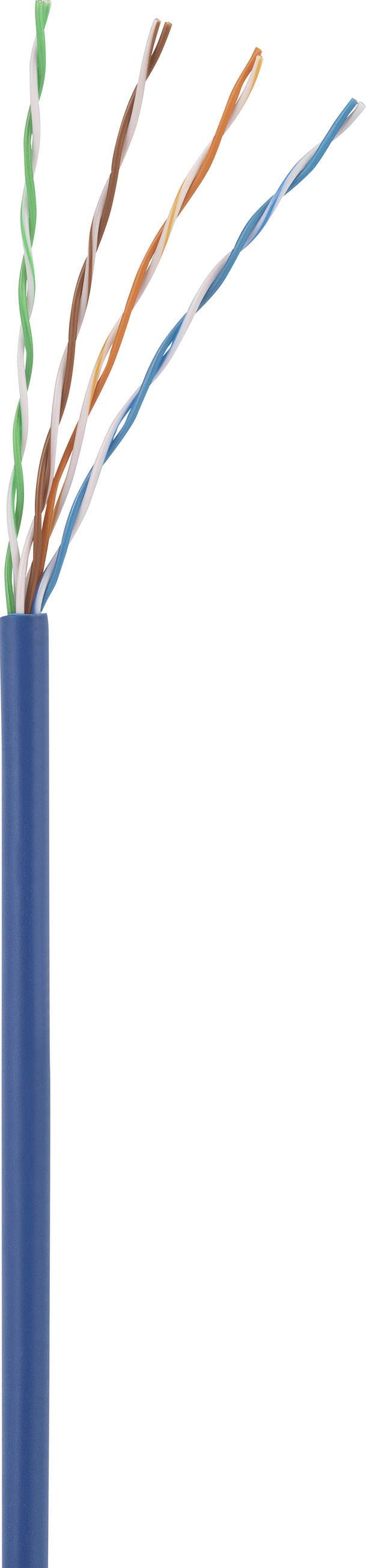 Vier verdrillte Adern eines blauen Netzwerkkabels, jeweils in Orange, Blau, Grün, und Braun, typisch für Ethernet-Verkabelung.