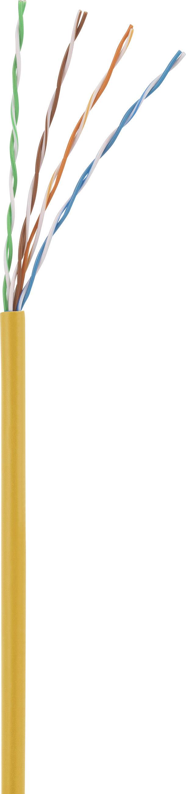 Ein gelbes Netzwerkkabelende mit vier verdrillten Aderpaaren in verschiedenen Farben: grün, braun, blau und orange.