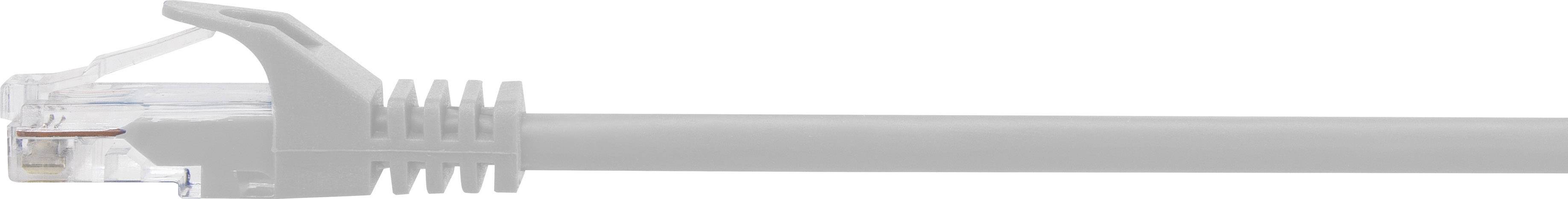 Ein graues Ethernet-Kabel mit einem RJ45-Stecker, verwendet zum Herstellen von Netzwerkverbindungen in Computernetzwerken.