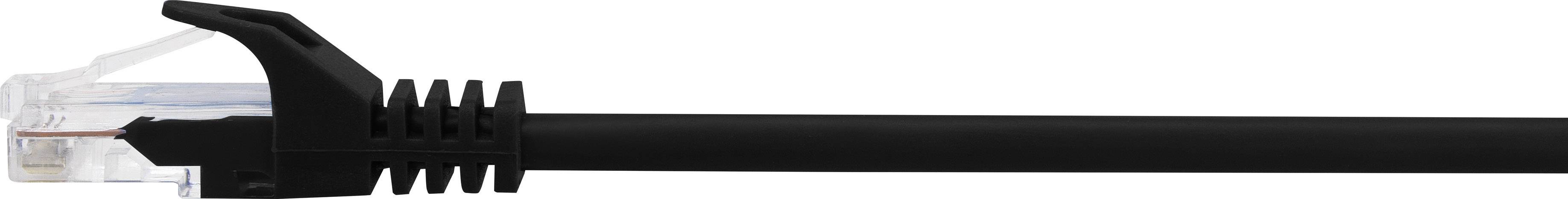 Ein schwarzes Ethernet-Kabel mit einem durchsichtigen RJ-45-Stecker, das für Netzwerkverbindungen verwendet wird.