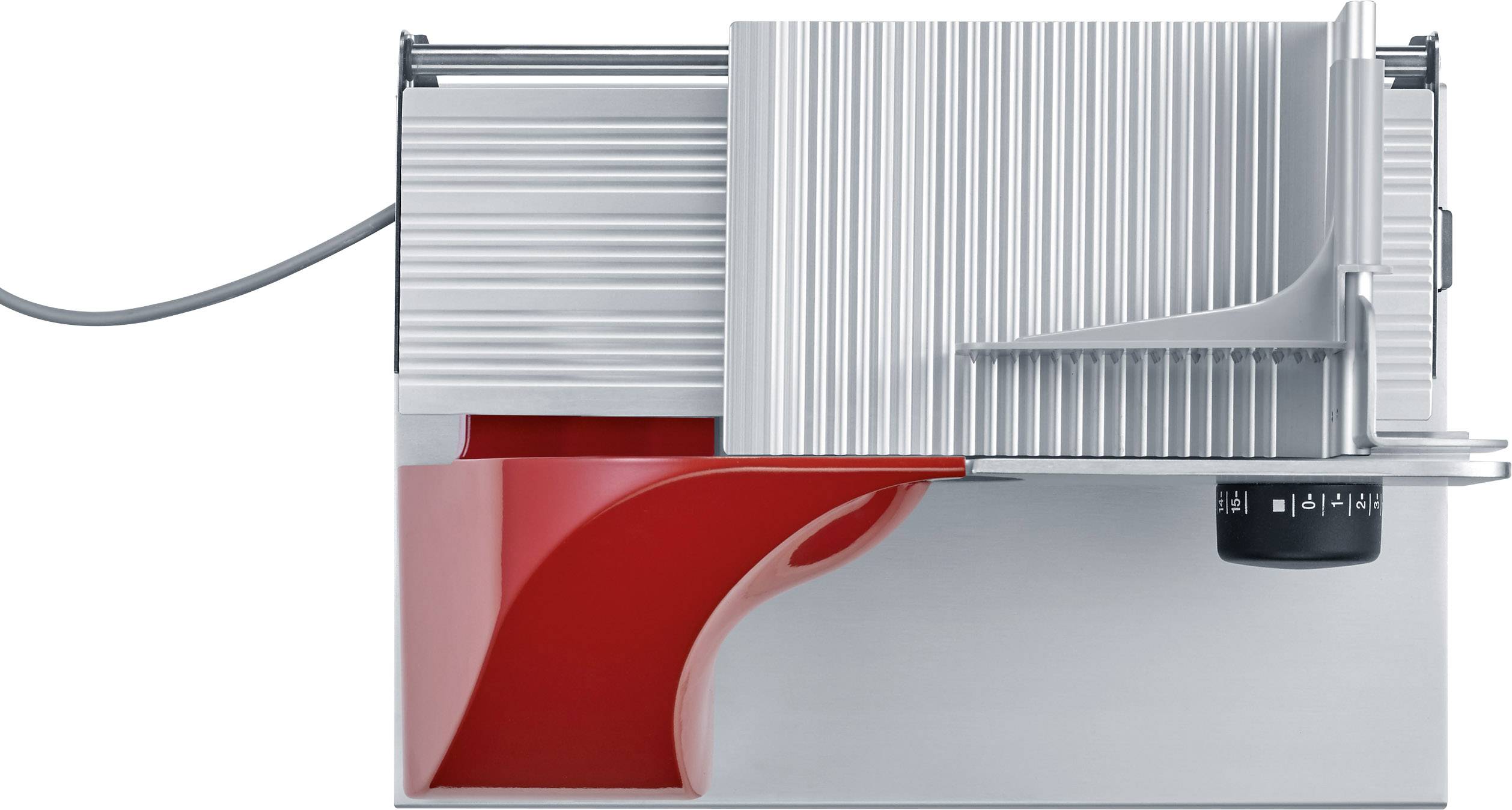 Elektrischer Allesschneider in Seitenansicht mit grauem Gehäuse und rotem Einzug. Verstellbarer Schneidknopf rechts.