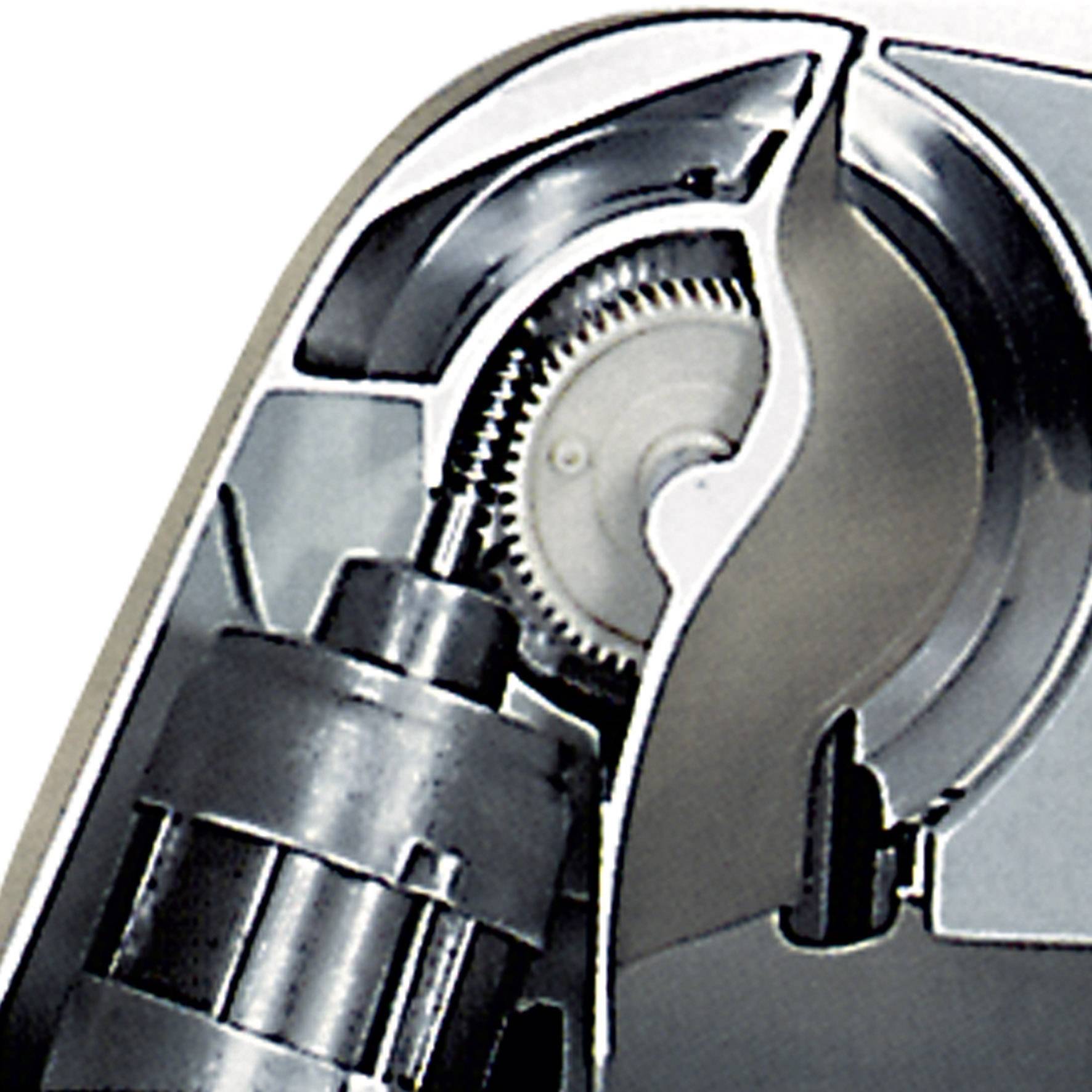 Querschnitt eines mechanischen Geräts mit Zahnrad und Motor; zeigt interne Komponenten und Aufbau.