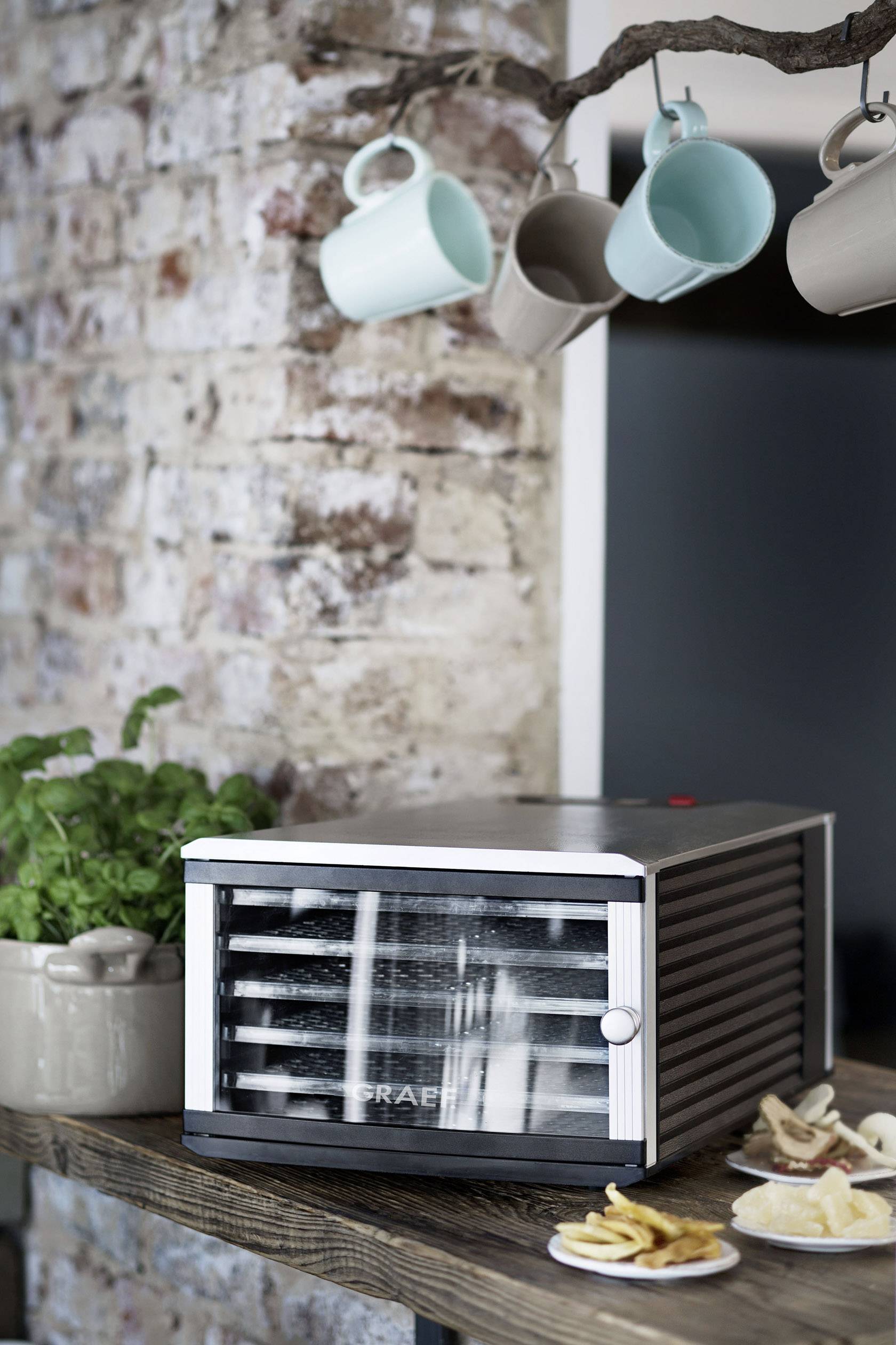 Entsafter auf einem rustikalen Holztisch neben getrockneten Früchten und Kräutertopf, umgeben von hängenden Tassen vor einer Ziegelwand.