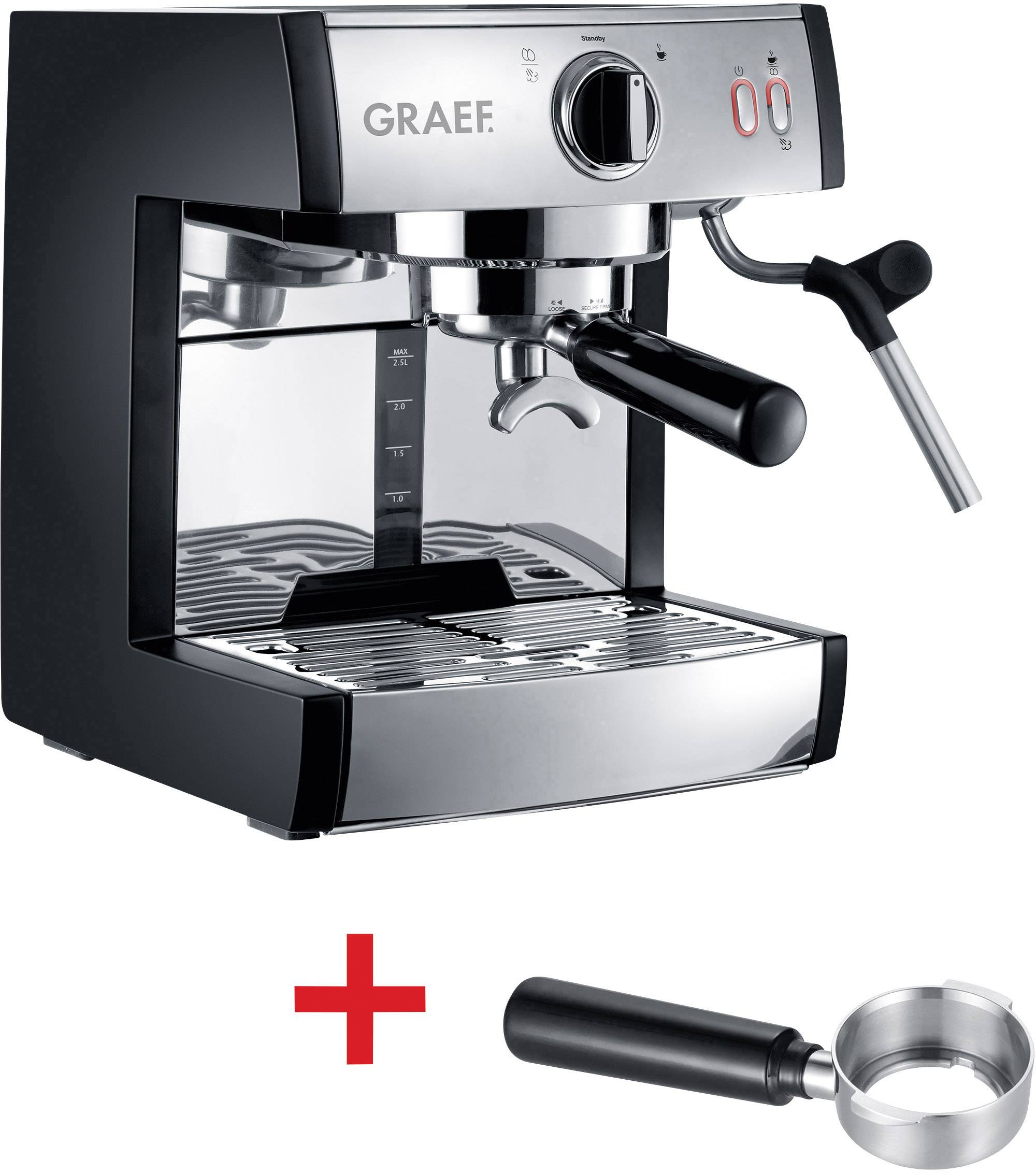 Graef ES702EU01 Espressomaschine mit Siebträger Edelstahl, Schwarz 1410W mit Druckbrühsystem, mit Milchaufschäumdüse, mit