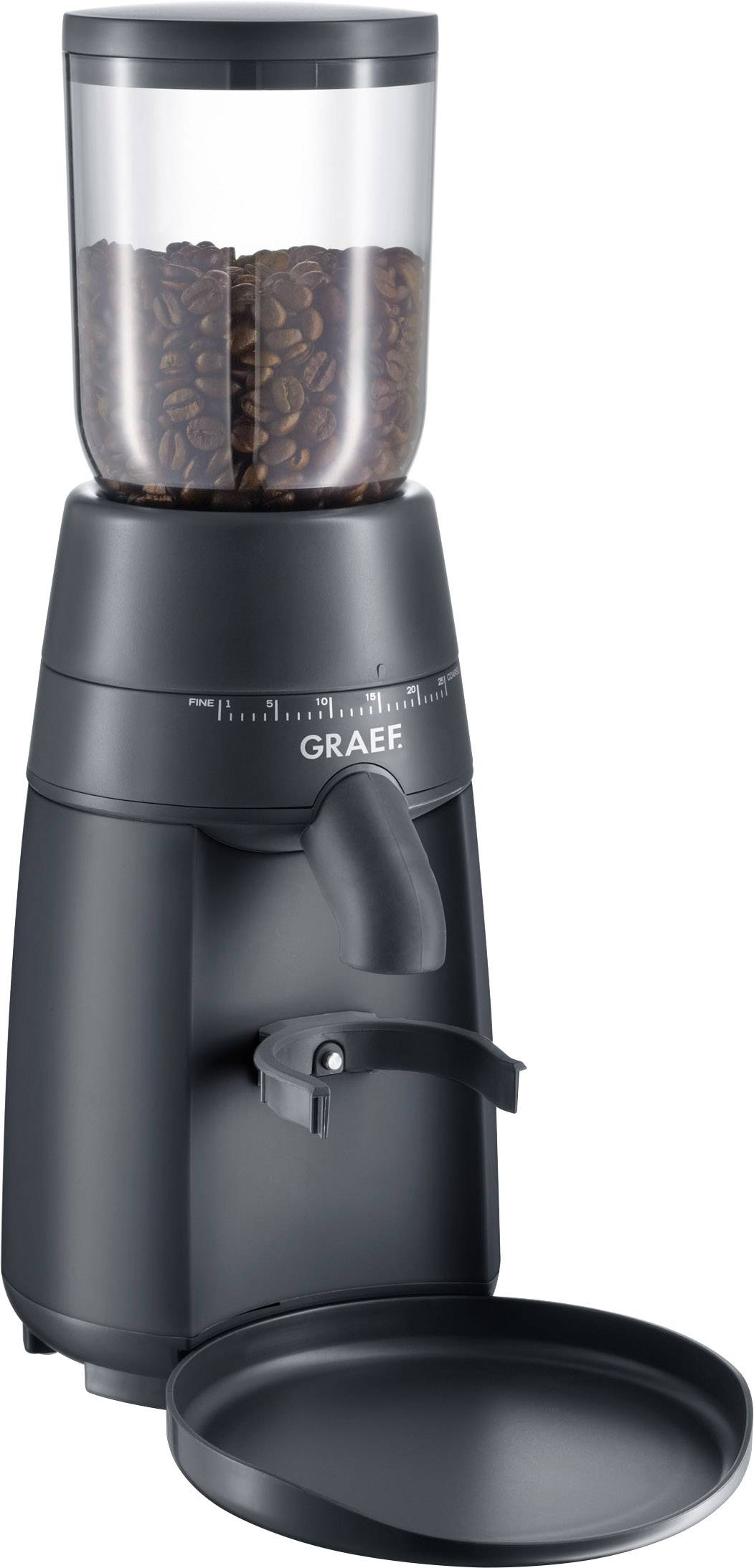 Schwarze Kaffeemühle mit einem transparenten Bohnenbehälter und Skala für Mahlgradeinstellung. Darunter liegt ein abnehmbares Fach.