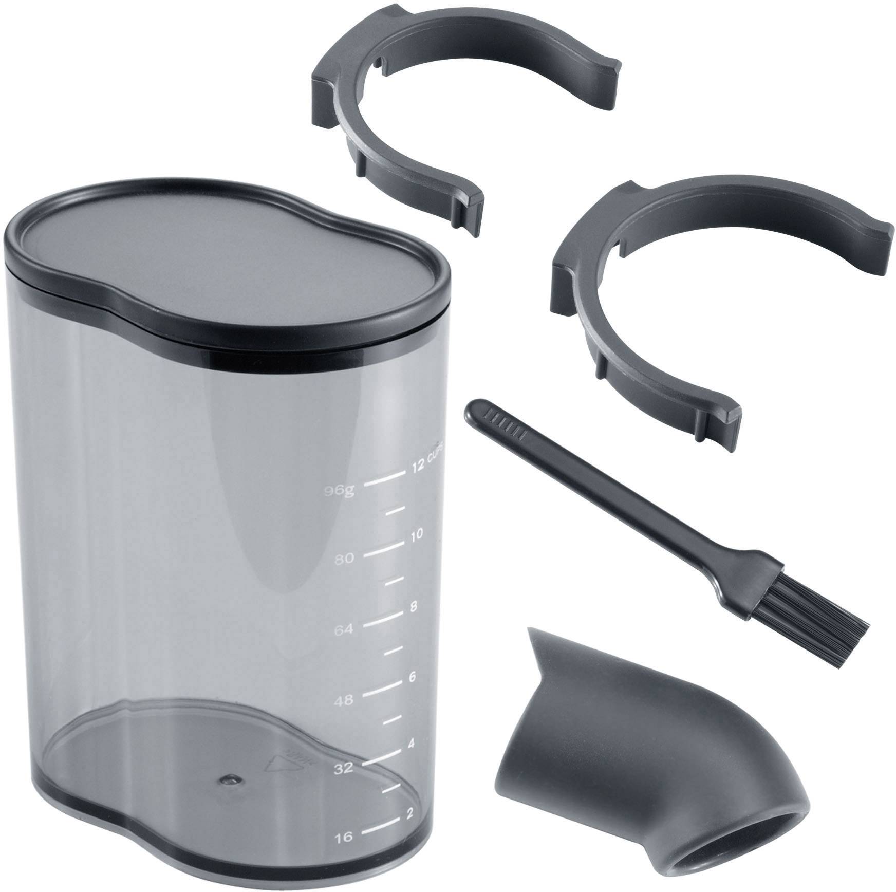 Transparenter Behälter mit Skala, zwei Plastikringen, Reinigungsbürste und Aufsatz. Zubehör für Küchengerät.
