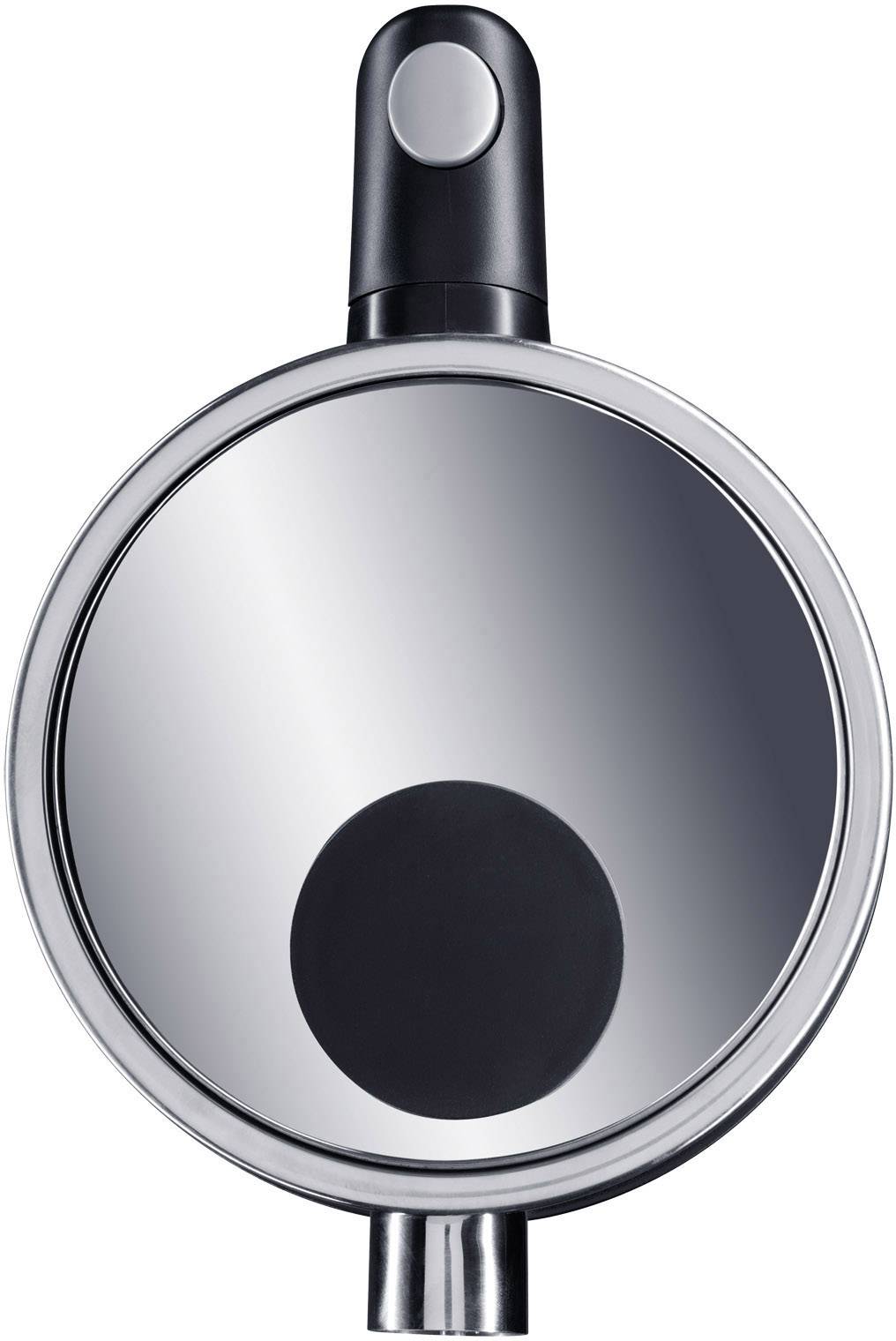 Ein runder, metallener Spiegel mit schwarzem Griff, vertikal orientiert. Ein schwarzer Bereich befindet sich im unteren Teil der Spiegelfläche.