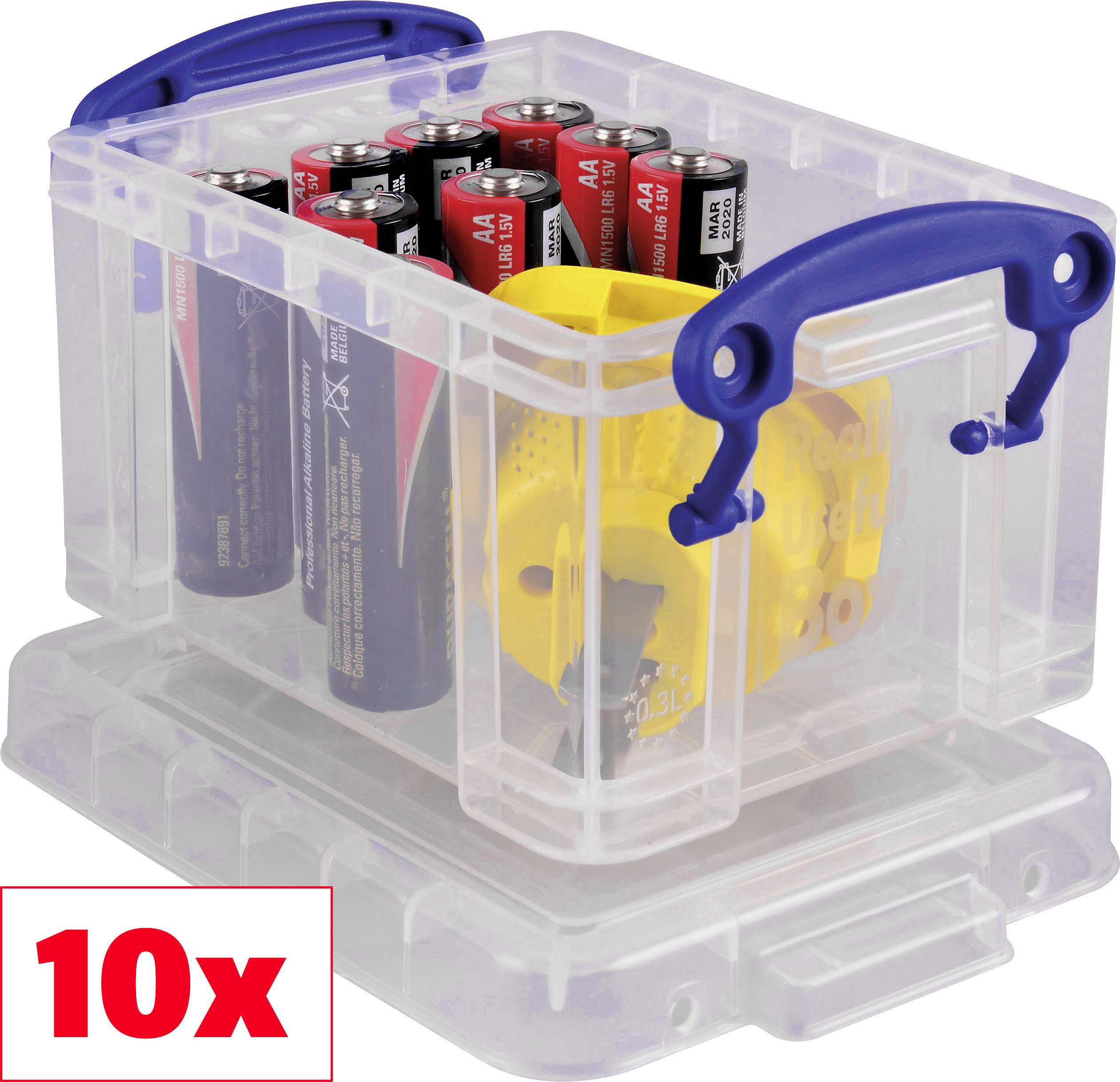 Eine transparente Box mit blauem Griff enthält zehn AA-Batterien und eine gelbe Vorrichtung zur Batterieaufbewahrung. Links unten steht '10x'.