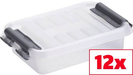 Transparente Aufbewahrungsbox mit dunklen Griffen, Produktbild mit Aufschrift '12x', die Menge der Boxen anzeigend.
