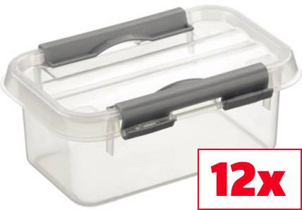 Kunststoff-Aufbewahrungsbox mit grauem Deckel und Verschlüssen, Abbildung zeigt 12 Stück.