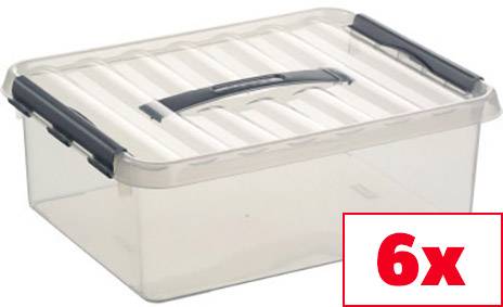 Transparente Aufbewahrungsbox mit schwarzem Griff, Menge: 6 Stück.