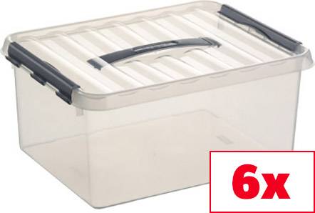 Eine durchsichtige Kunststoffbox mit Deckel und Griff. Im unteren rechten Bildrand steht '6x' in einem roten Kasten.