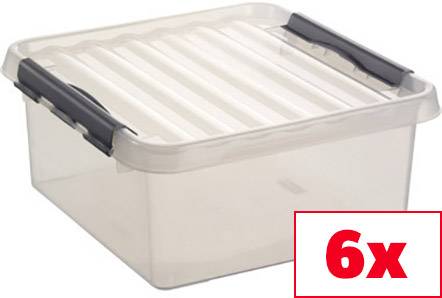 Durchsichtige Plastikbox mit grauem Deckel und schwarzen Griffen. Im Bildrand steht '6x', was auf sechs Stück hinweist.