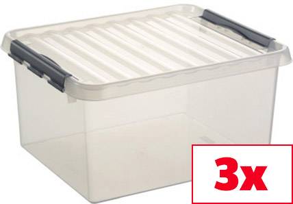 Transparente Aufbewahrungsbox mit Deckel, dreimal abgebildet. Ideal für die ordentliche Lagerung von Gegenständen.
