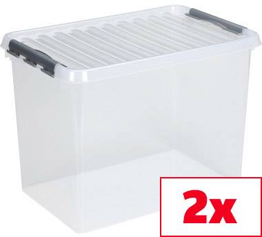 Transparente Aufbewahrungsbox mit grauem Griff und gerilltem Deckel. '2x' unten rechts deutet die Stückzahl an.