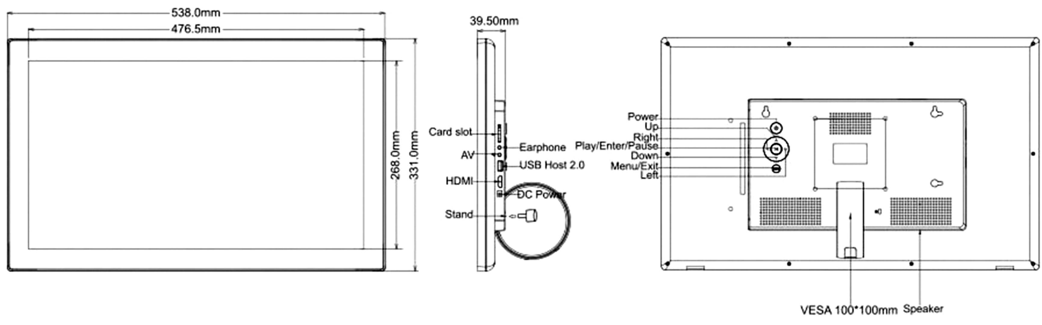 unbekanntes Gerät mit Maßen: Breite 476,5 mm, Höhe 301 mm; Anschlüsse: HDMI, USB, Kartenleser; enthält VESA-Halterung 100x100 mm.