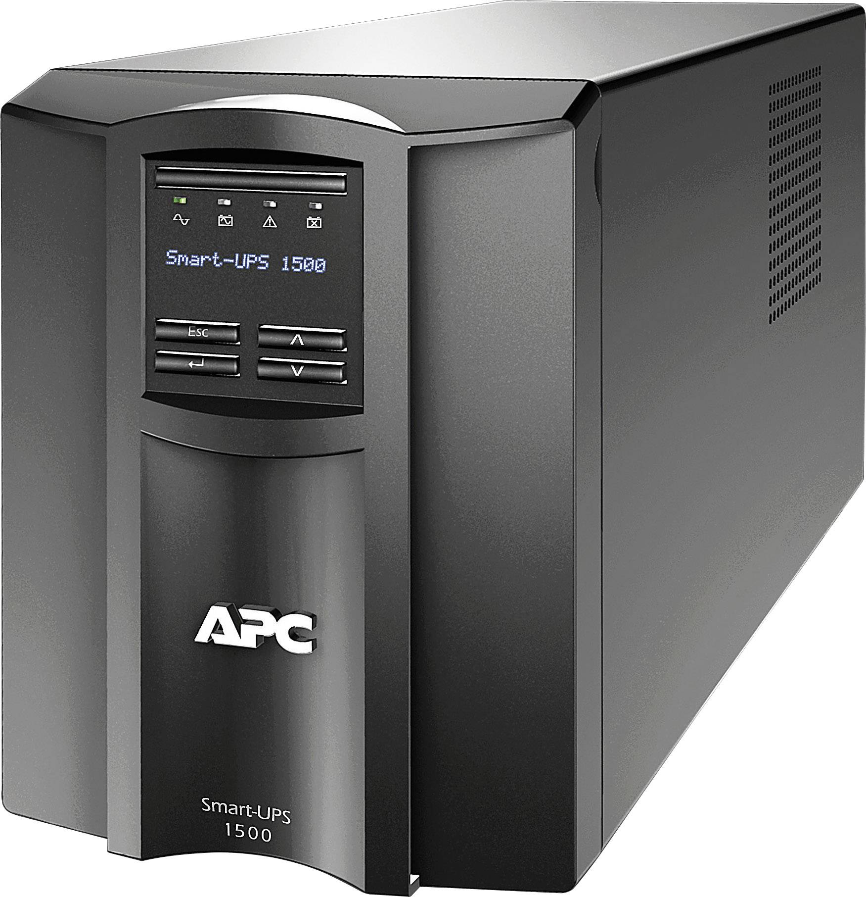 'APC Smart-UPS 1500' unterbrechungsfreie Stromversorgung. Schwarzes Gehäuse mit Bedienfeld und Anzeigen auf der Vorderseite.