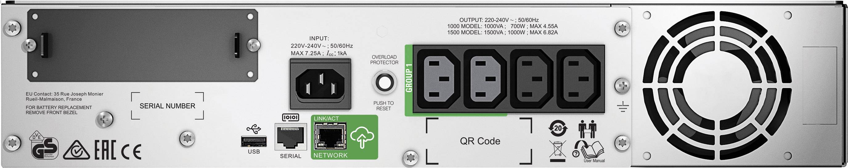 Rückseite eines elektronischen Geräts mit verschiedenen Anschlüssen: Stromanschluss, Netzwerkanschluss, vier Stromausgänge und Lüfter.