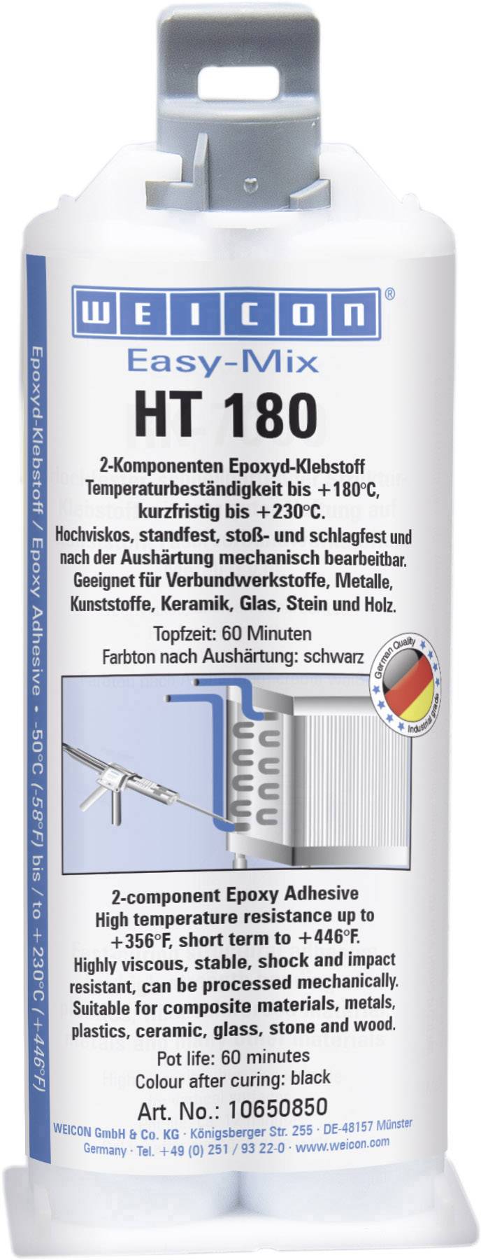 Klebstoffkartusche mit Etikett 'WEICON Easy-Mix HT 180'. Zwei-Komponenten-Epoxidharz, hitzebeständig bis 180°C, schwarzer Klebstoff.