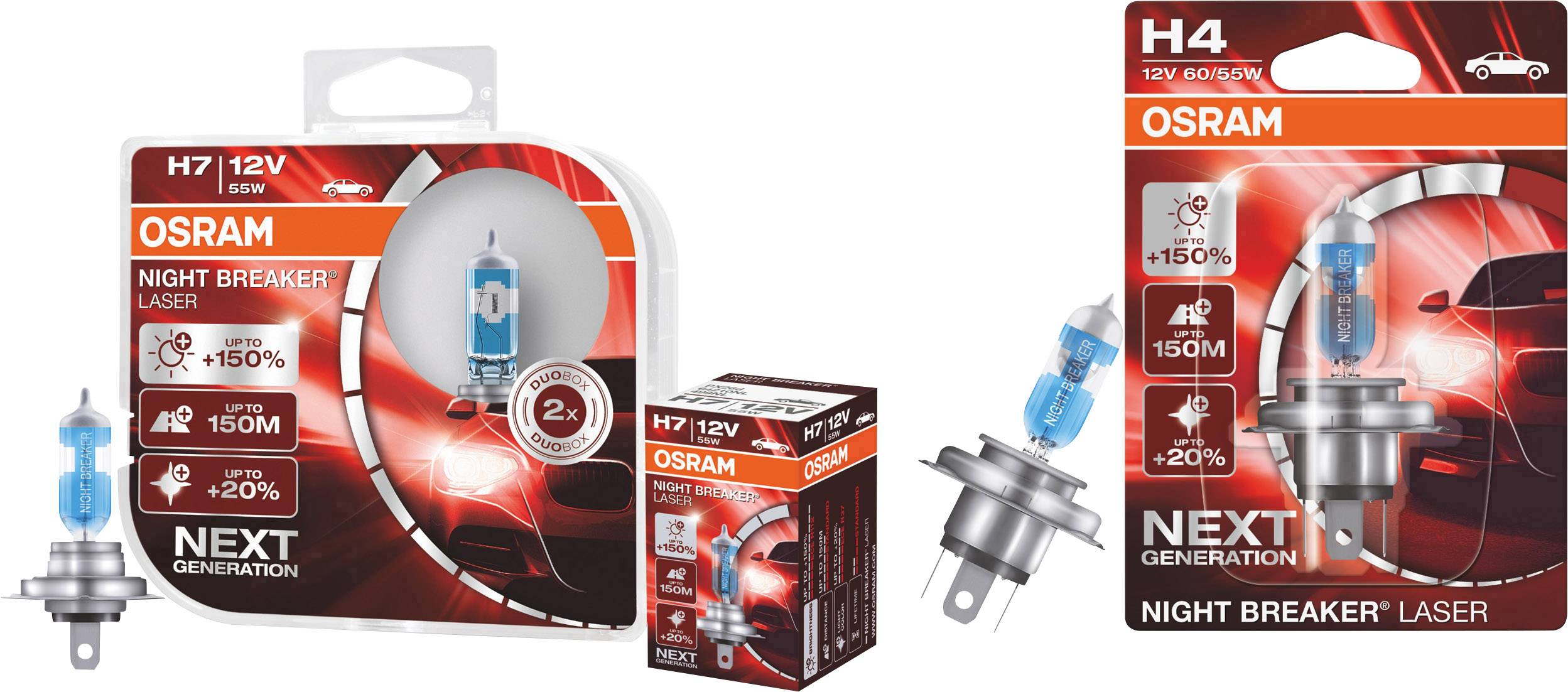 'OSRAM Night Breaker Laser' Autolampen in Verpackung, gezeigt als H7 und H4 Modelle. Verbesserte Leuchtkraft und Lichtreichweite hervorgehoben.