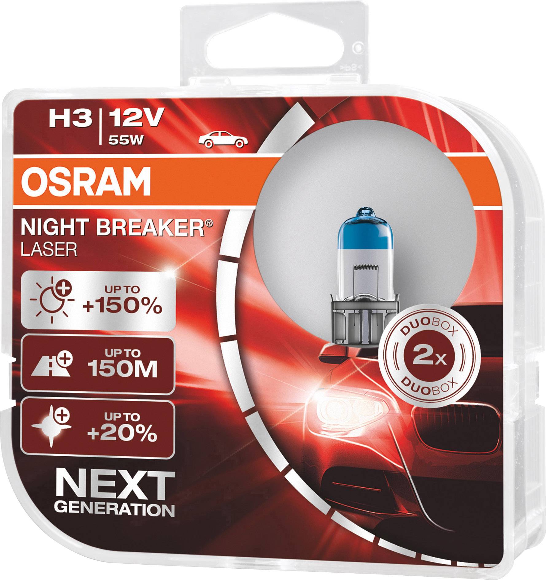 'Osram' H3 12V 55W 'Night Breaker Laser' Autolampe in transparentem Etui, bietet bis zu 150% mehr Helligkeit und 150m Reichweite.