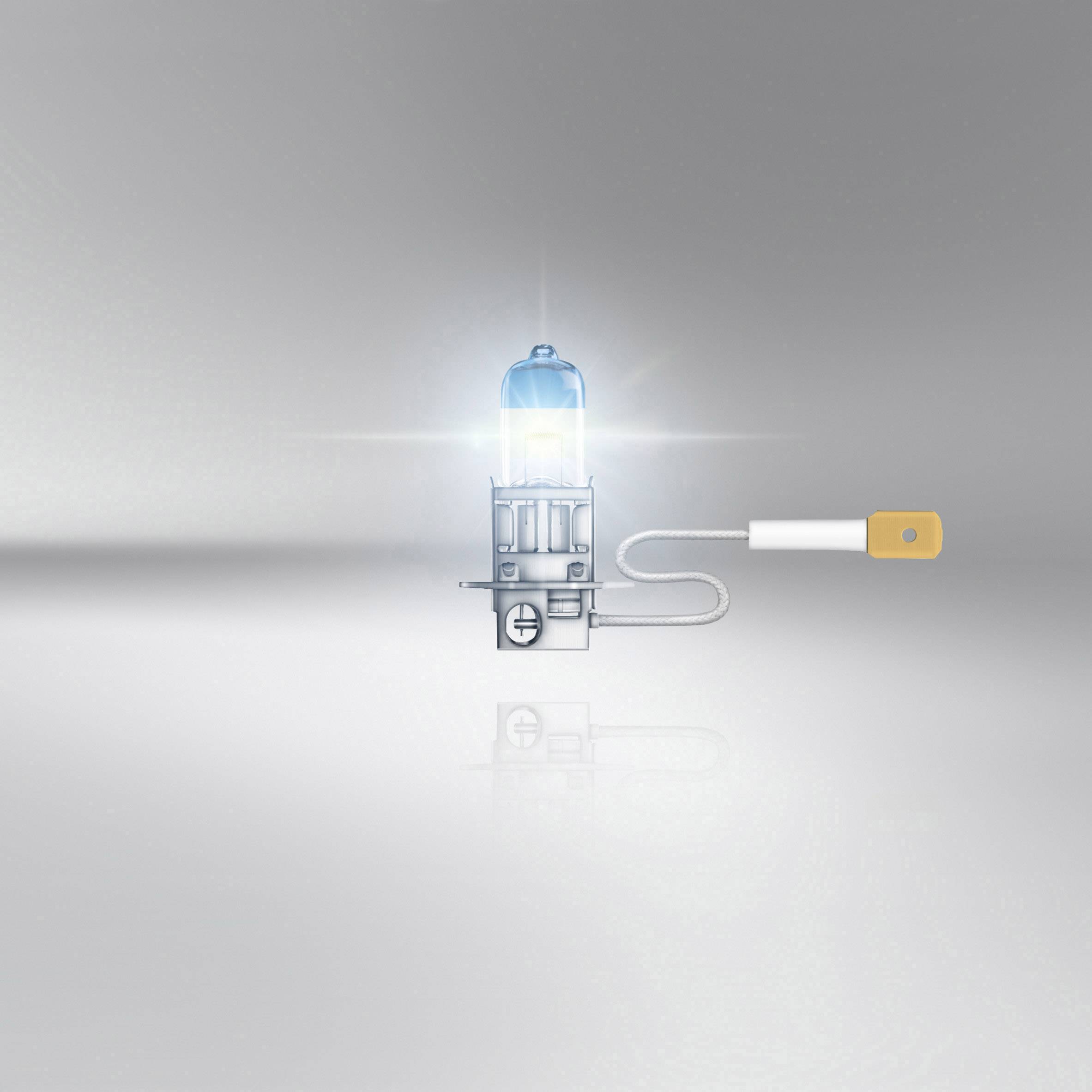Eine einzelne blaue Glühlampe mit weißem Sockel und orangem Draht auf grauem Hintergrund.