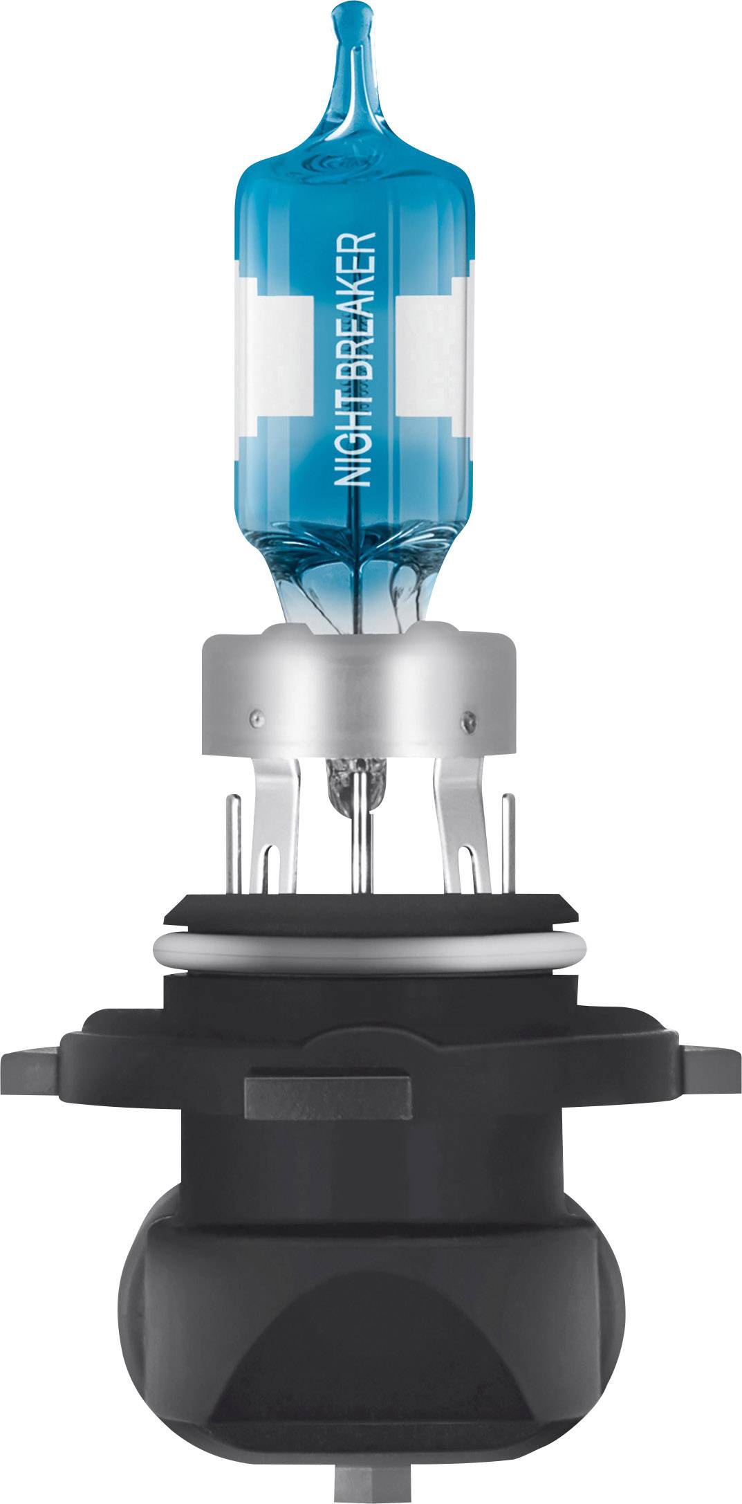 Eine blaue Auto-Scheinwerferlampe mit der Aufschrift 'Night Breaker', montiert auf einer schwarzen Basis, vor einem weißen Hintergrund.