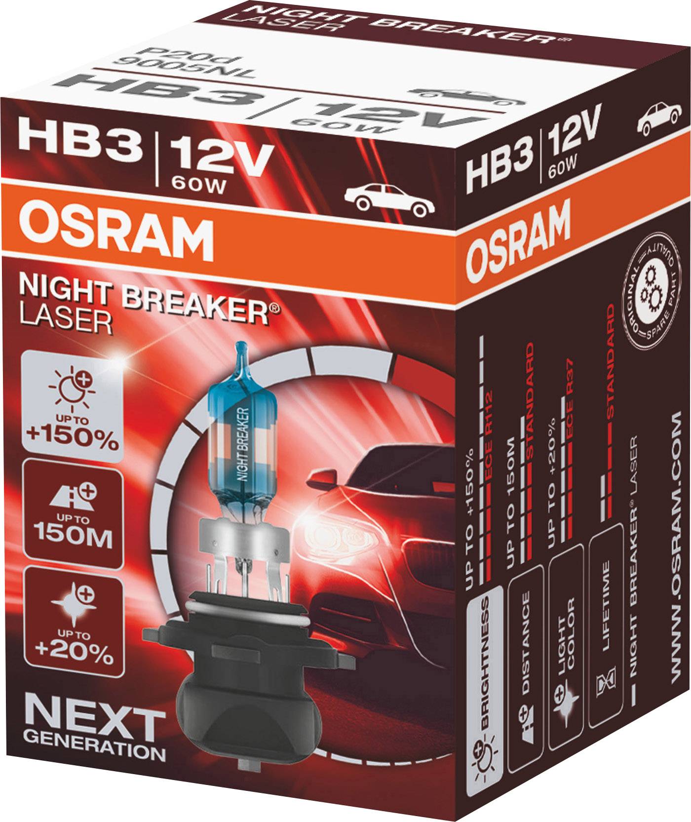 Osram HB3 12V 60W Autolampe 'Night Breaker Laser, Next Generation'. Erhöhte Helligkeit und Reichweite für bessere Sichtbarkeit.