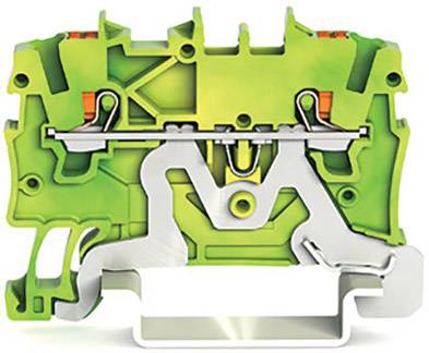 Querschnitt einer grünen Klemmenleiste mit Metallkontakten und Schrauben, die elektrische Verbindungen ermöglichen.