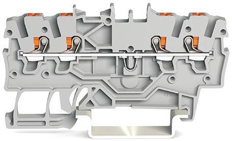 Ein grauer, modularer Kabelklemmenblock mit mehreren Anschlüssen und orangenen Klemmhebeln, geeignet für industrielle Anwendungen.
