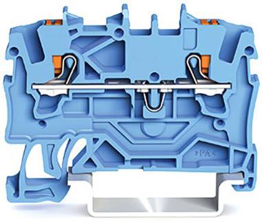 Blauer Reihenklemmenblock aus Kunststoff mit Metallanschlüssen. Gerät zum Sichern und Verbinden elektrischer Leiter auf DIN-Schienen.