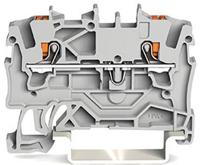 Graue elektrische Klemme, Querschnitt, zeigt interne Metallverbindungen und orangefarbene Komponenten zur Drahtbefestigung.