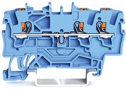 Querschnitt einer blauen Klemme mit inneren Metallteilen und orangefarbenen Hebeln, die den elektrischen Schaltmechanismus zeigen.